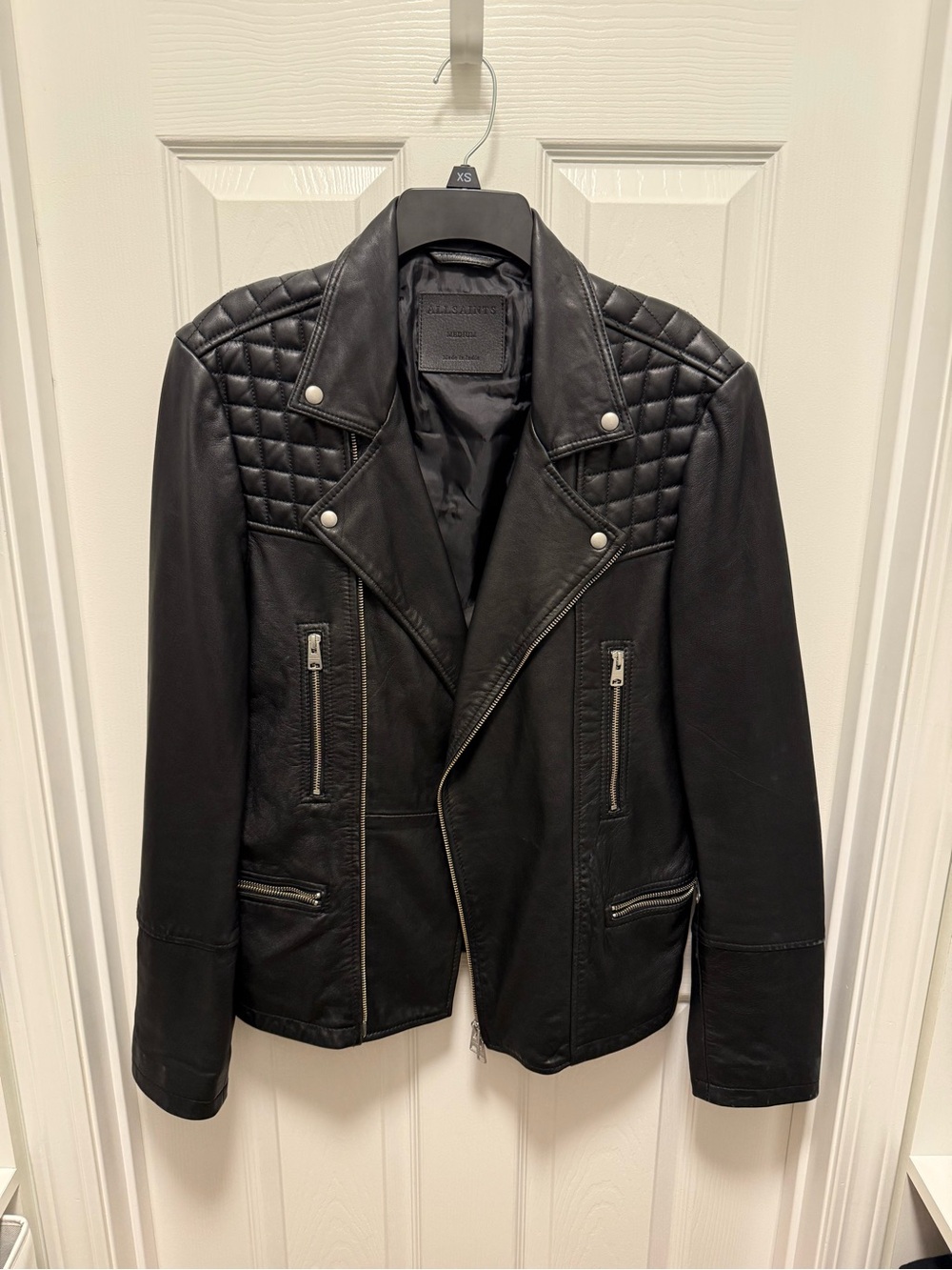 AllSaints Black Quilted Shoulder Leather Biker Jacket
